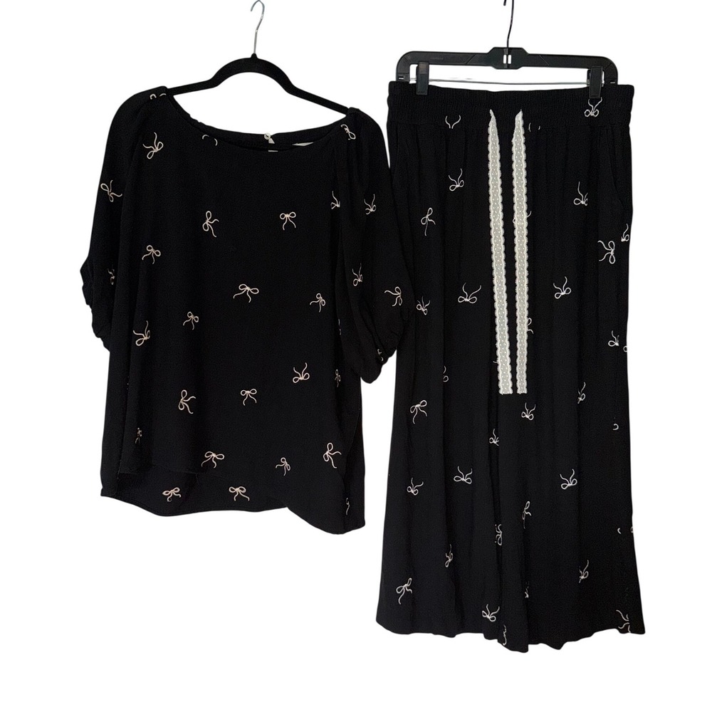 Umgee Black White Bow Print Linen Cotton 2 Piece Set Top Wide Leg Pants XL